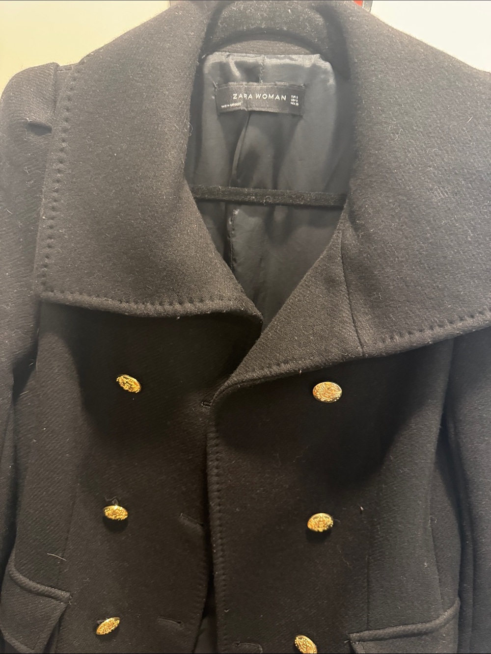 Zara Black Double-Breasted Pea Coat with Gold Buttons